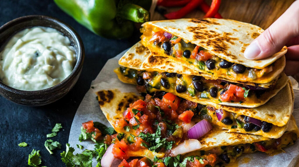 Photo os a vegetarian quesadillas filled with vegetables and oozing cheese.