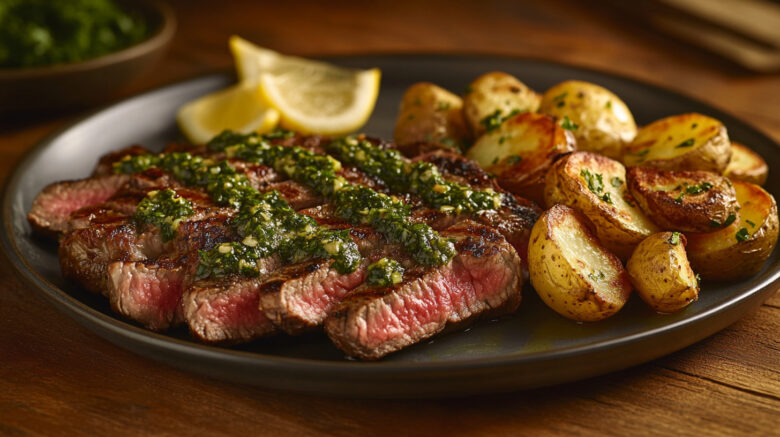 A photo of a chimchurri steak with roast potatoes and a wedge of lemon on a plate.