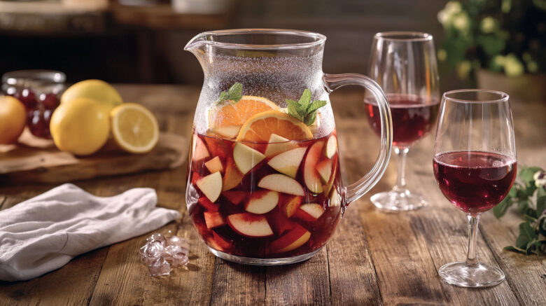 A photo showing a pitcher with sangria made from a sangria recipe. The pitcher is on a dark wooden table with 2 wine glasses filled with the drink.
