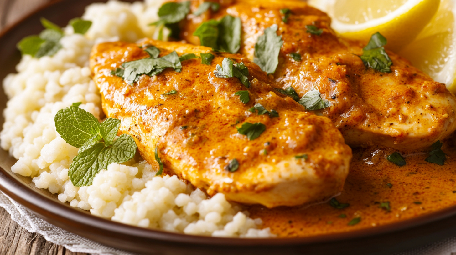 Photo showing harissa chicken on a plate with couscous