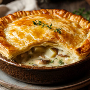 A photo showing a leek and mushroom pie in a pie dish straight out of the oven with a piece cut out of eat.